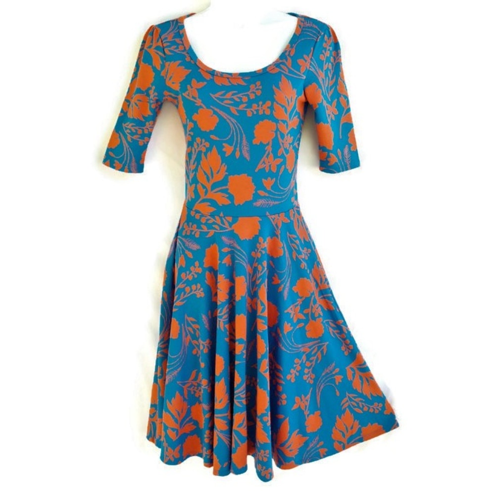 Lularoe Nicole Fit Flare Dress Floral Blue Orange Leaf Print Half Sleeve XS